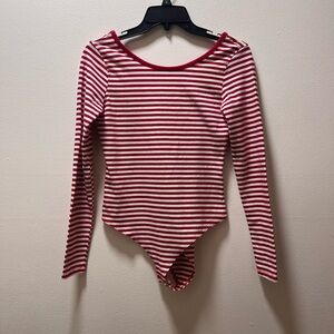 H&M Body-con Preppy Striped Indie Long Sleeve Low Back Bodysuit, Med, Red/White